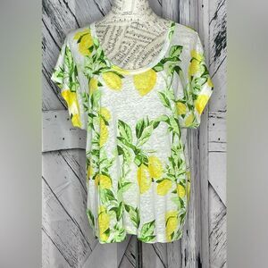 LOFT Short Sleeve Top Lemon Print Linen Size M